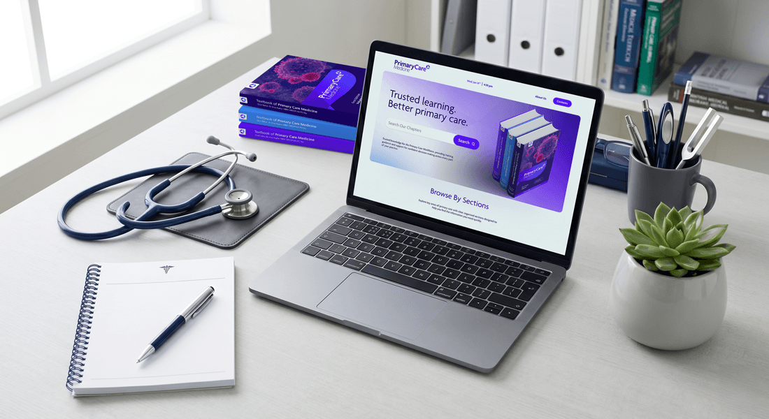Primary Care Medicine — laptop and medical reference books on a desk